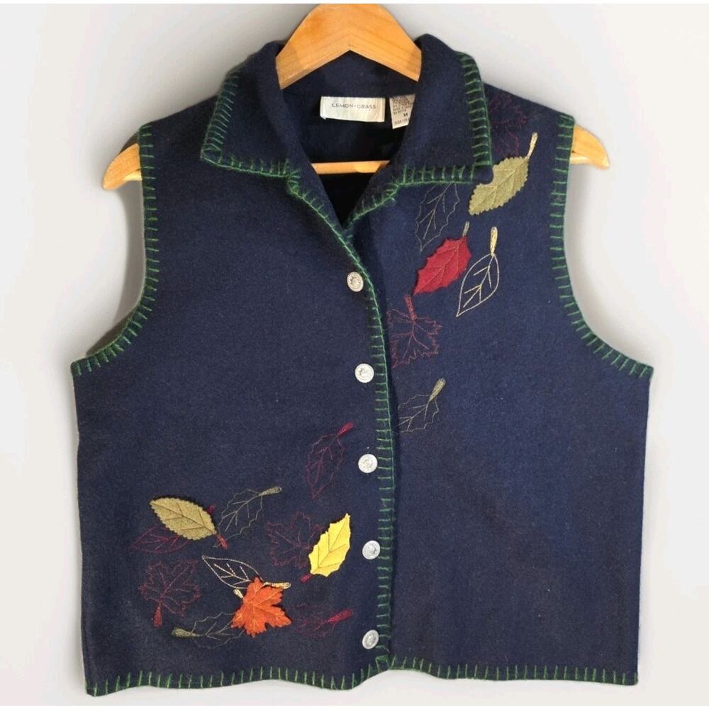 Vtg Y2K Lemon Grass Vest Fall Harvest Thanksgiving Pumpkins Leaves Grandma Art M